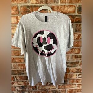 Gildan Gray Tee with Pink and Black cow print Smiley